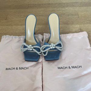 Mach & Mach Blue Satin Crystal Bow Stiletto Mules (size 37)
